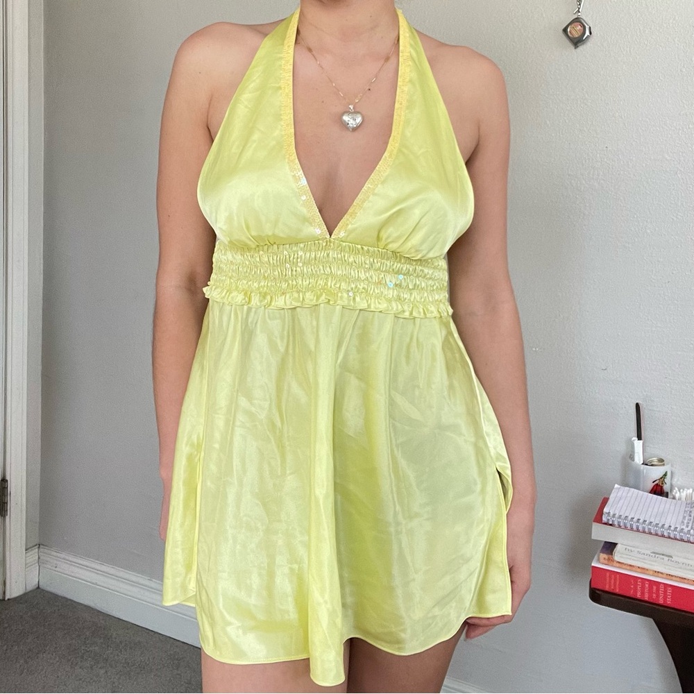 Victoria's Secret Yellow Satin Sequins Halter Mini Dress